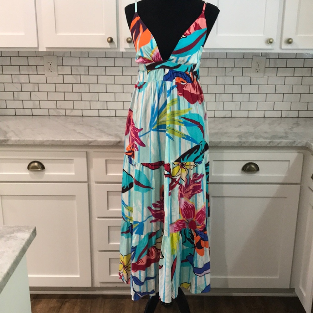 Whitney Rife Maxi Dress Womens Medium Blue Foral Sundress Beach‎ Boho Halter New
